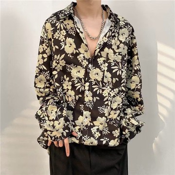 高街滿印花襯衫男寬鬆 港風ins復古長袖襯衫春秋潮牌痞帥休閒上衣