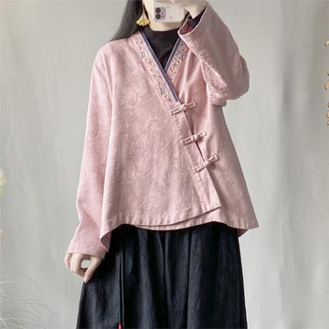 中國風復古斜襟盤扣系帶開衫女春秋季提花棉麻繡花v領寬松上衣