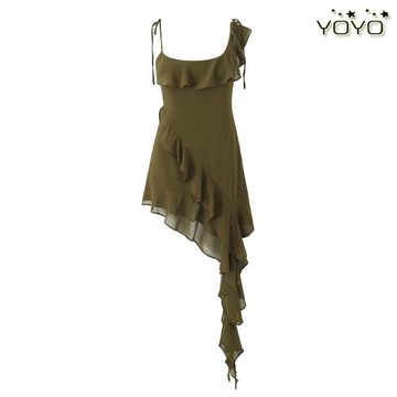 YOYO 歐美風外貿女裝新款法式性感不規則木耳邊吊帶連衣裙