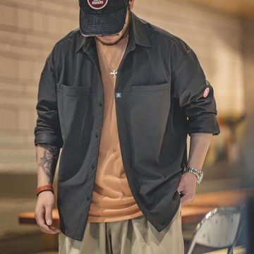 馬登工裝山系深灰口袋襯衫美式休閑抗皺寬松長袖襯衣疊穿外套男春