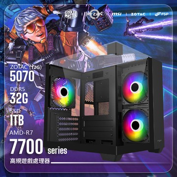 ZOTAC ｜FORT守衛 八核心處理器｜R7-7700/B650M-G/Geforce RTX5070 12G/32G/1TB/S190黑