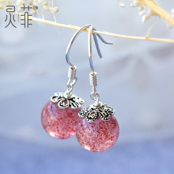 天然草莓晶耳墜女S925銀簡約個性氣質耳釘粉色水晶耳環小巧冷淡風