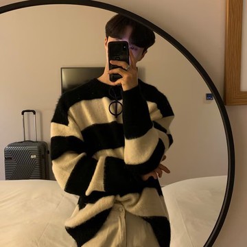 慵懶休閒圓領套頭條紋毛衣男韓系高級寬鬆針織衫男