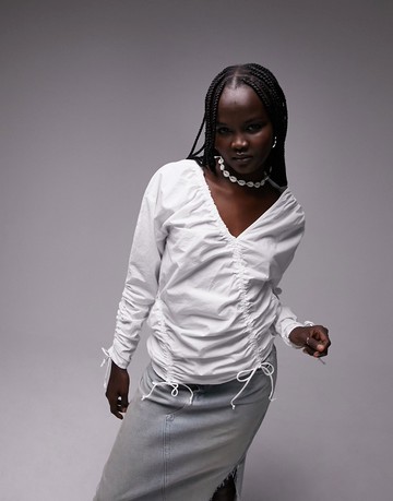 Topshop multi channel ruched poplin top in ivory-White