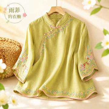 雨菲|免運  國風 刺繡 襯衫 斜襟 盤扣 茶服 中年媽媽 夏季 文藝 復古 寬鬆 顯瘦 上衣 斜襟文藝復古 國風刺繡襯
