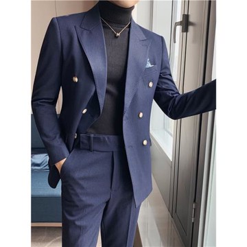 英倫西服套裝男四季可穿新款商務雙排扣痞帥發型師休閑西裝兩件套