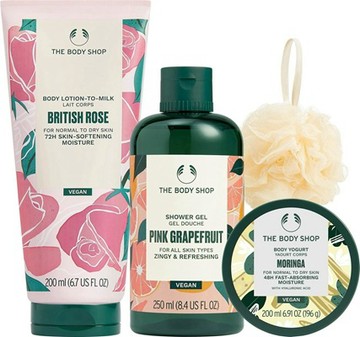 【THE BODY SHOP】週年慶特惠★經典沐浴潤膚組(任2 優格/潤膚乳200ML+任1 果香沐浴膠250ML+小沐浴球)