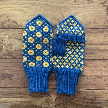 北歐傳統圖案 帶蓋連指手套 藍色芥末黃