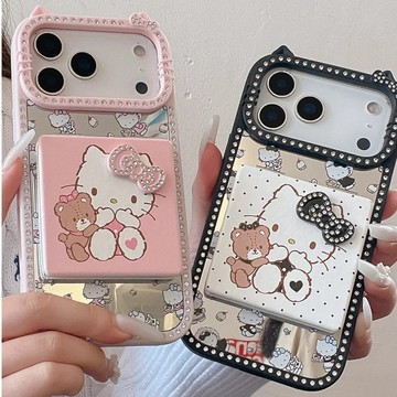 ins韓國少女 閃鑽立體貓耳 KT貓 iPhone17 16 15 14 13 Pro max手機殼 小眾便攜 補妝鏡
