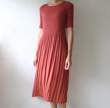 FOAK古著 日本磚紅色褶皺洋裝