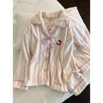 🔥在臺好物🔥日系甜美Hello條紋睡衣女秋冬新款加厚保暖法蘭絨家居服套裝