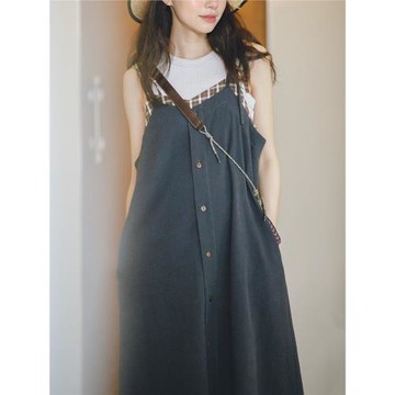 馬登夏季亞麻背帶裙寬松日系工裝