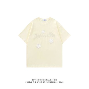 KKyesiou日系休閑字母刺繡情侶短袖T恤男女奶系ins學院風純棉體恤