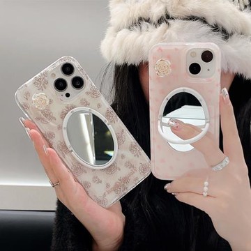 粉色小碎花朵棕適用iphone17/16promax鏡子手機殼13/14/15立體山茶花蘋果17promax保護殼素描色線條玫瑰花新