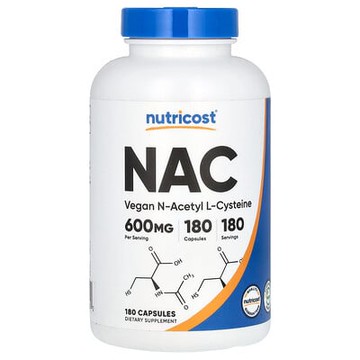Nutricost, NAC，N-乙醯-L-半胱氨酸，600 毫克，180 粒膠囊