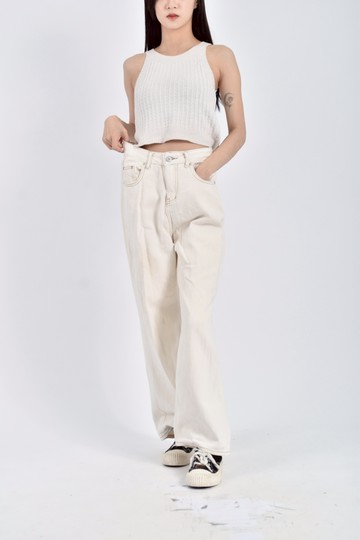 (S) mimosa高腰丹寧牛仔質感車線杏色長褲