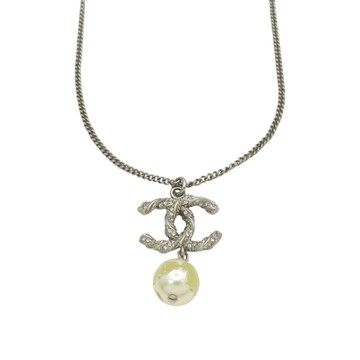 【二手名牌BRAND OFF】CHANEL 香奈兒 銀色鍍金 珍珠墜飾 雙C 項鍊 掉漆