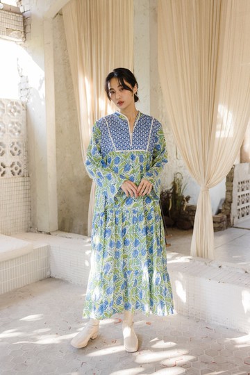 小領子拼接長袖長洋裝_綠