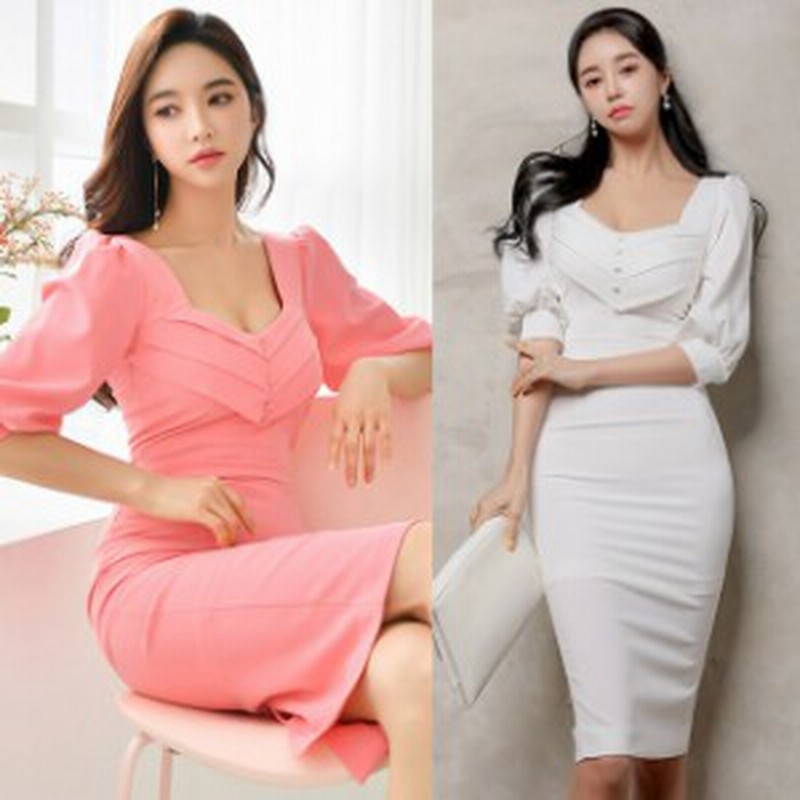 ホワイトワンピース 二次会ドレス 韓国風 タイトワンピース 白 ピンク 膝丈ワンピース パフスリーブ エレガント ワンピース ドレス お呼 通販 Lineポイント最大1 0 Get Lineショッピング