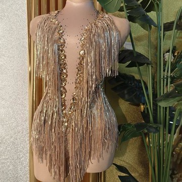 NOCANCE 2025新款香檳色性感閃耀鉆石流蘇圓領短優雅奢華連體褲