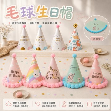 現貨當天寄『燙金印刷生日帽』毛球生日帽 生日佈置 慶生派對帽 周歲生日帽 生日派對小物 拍照道具