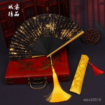 臺灣出貨📦燙金燙銀女式折扇中國風宮廷頭青竹骨走秀搭配旂袍精美禮品