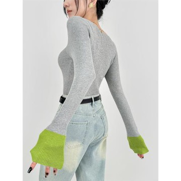 DOUBLE Z 復古撞色拼接袖坑條針織衫女圓領修身顯瘦內搭打底上衣