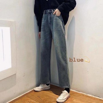 加絨牛仔褲女直筒寬松秋冬新款高腰褲顯瘦顯高加厚牛仔闊腿褲1入