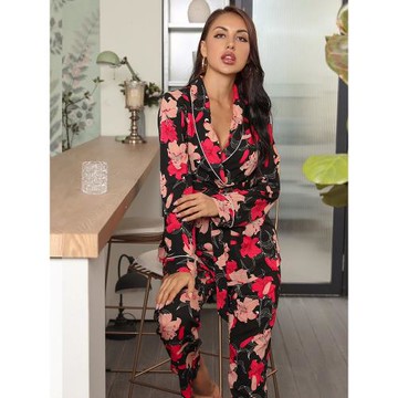 Lapel Cardigan Long Sleeve Pants Pajamas Two Piece Set二件套