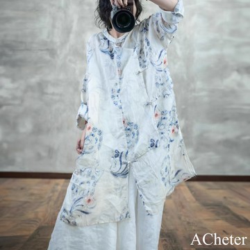 【ACheter】國風淡雅盤扣斜襟立領青花瓷長款長袖襯衫外罩上衣# 122873(現貨+預購)