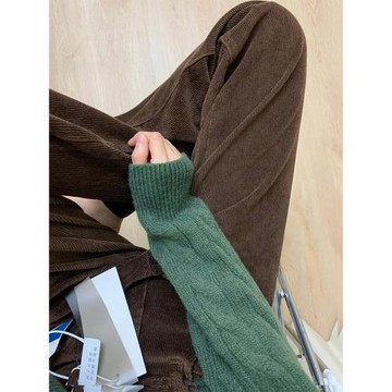 棕咖色燈芯絨休閑褲女秋季新款胖妹妹mm寬松顯瘦梨形身材闊腿長褲