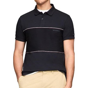 Tommy Hilfiger 2025男時尚棉質針細條寬鬆款黑色短袖POLO