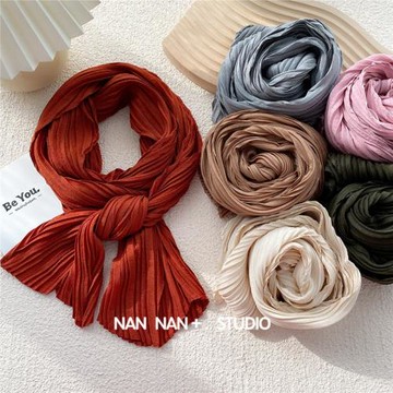 韓版長款褶皺小絲巾女春秋百搭文藝純色壓褶薄款圍巾裝飾防曬