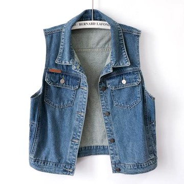 歐貨休閑復古藍貼皮牛仔馬甲女背心春秋新款無袖顯瘦外套坎肩