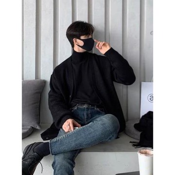 卡其色v領針織開衫男士秋冬高級慵懶風休閑寬松百搭純色毛衣外套