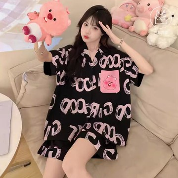 睡衣 帶胸墊 女款夏季睡衣 可愛短袖睡衣兩件套 黑色大碼睡衣 家居服套裝 居家睡衣 女生睡衣【不二雜貨】