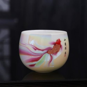 如魚得水羊脂玉素燒主人杯高升品茗杯單杯中式新粉彩陶瓷功夫茶杯
