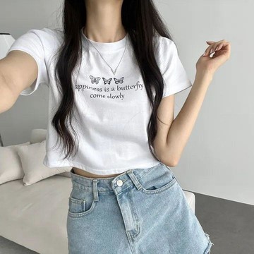 已售9642件💖Vuja de 純棉 t恤 短袖上衣女 蝴蝶印花 T恤 韓國上衣 短款上衣 辣妹 顯瘦上衣 潮流衣服