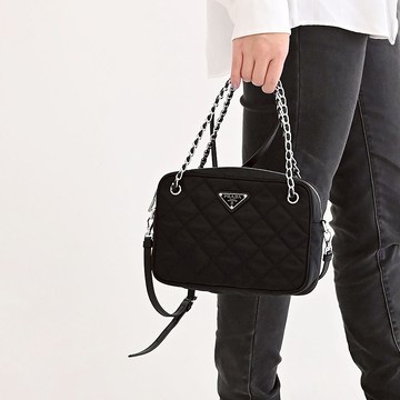 PRADA 1BH910 三角LOGO菱格帆布手提兩用方包.黑