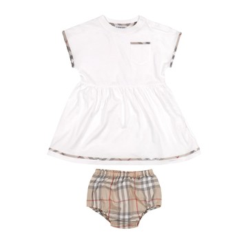 BURBERRY Kids 兩件組-經典格紋滾邊白色洋裝經典格紋包屁褲