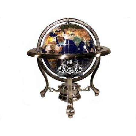 Unique Art Since 1996 10" Tall Blue Lapis Ocean Tripod Silver Table Stand Gemstone World Map Globe