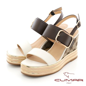 【CUMAR】小方頭配色一字帶厚底楔型涼鞋-咖啡