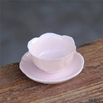 20ml粉色精美花瓣陶瓷小茶杯帶杯墊女士主人杯品茗家用喝茶杯茶具