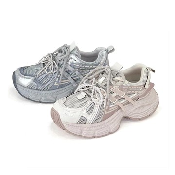 【Robinlo】老爹鞋 休閒鞋 真皮輕量老爹鞋 ( VARSHA 甜美動感珍珠蝴蝶結真皮輕量老爹鞋) 櫻花粉/率性藍銀