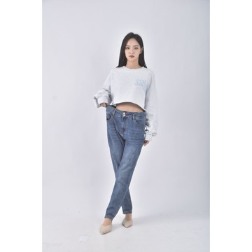 (2XL) 高腰丹寧牛仔質感棉質藍色長褲二手衣