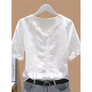 棉布鏤空蕾絲小衫2025夏韓版百搭清新蕾絲衫上衣套頭全棉T恤襯衫