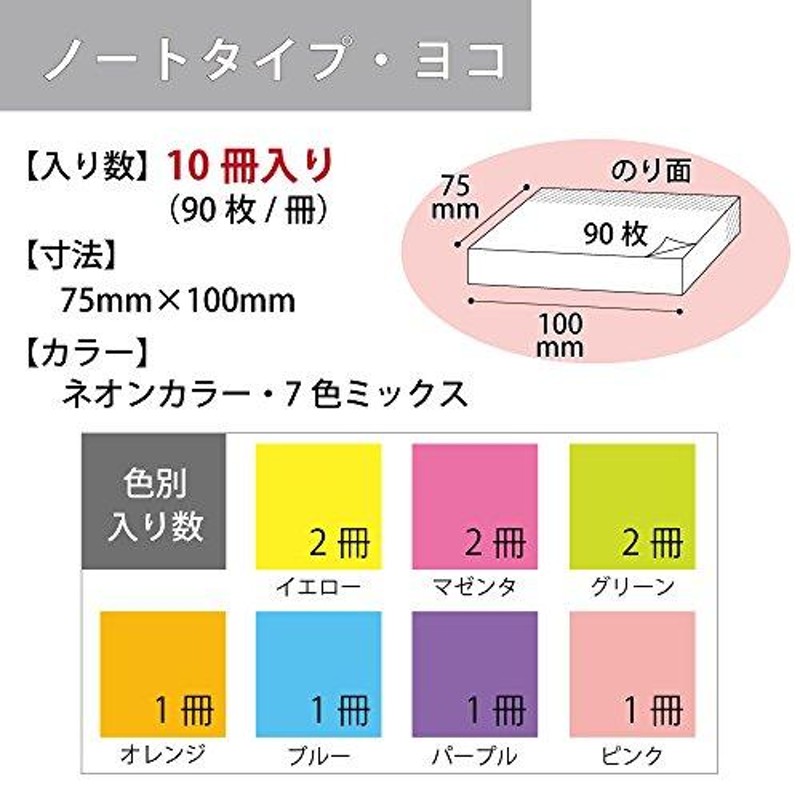 コクヨ 付箋 強粘着 K2 75mm×100mm ネオンカラー 90枚×10冊 7色 K2メ