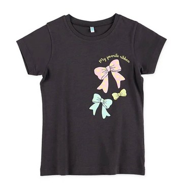 日本西松屋 - 甜蜜立體印花純棉短袖上衣-蝴蝶結-黑