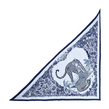 Hermes 愛馬仕 Jungle Love 手工捲邊喀什米爾與真絲混紡大型三角圍巾(海軍藍)