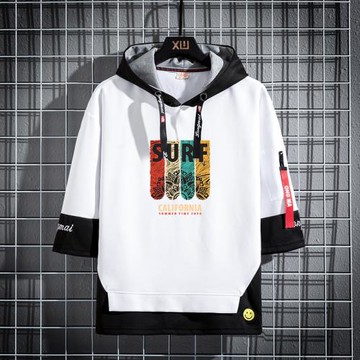 港風春夏連帽t恤男拼接假兩件情侶衫男生潮牌寬松短袖七分袖上衣